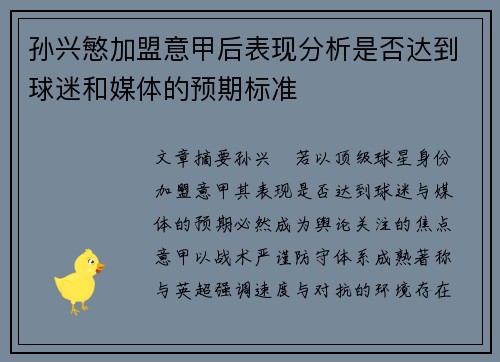 孙兴慜加盟意甲后表现分析是否达到球迷和媒体的预期标准